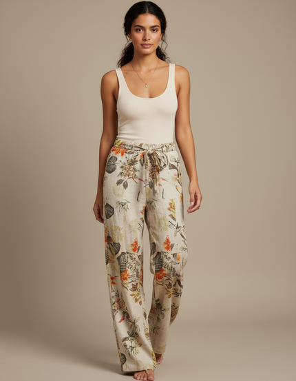 Pantalon Fluide Imprimé Floral Lin Ample Élégant Femme