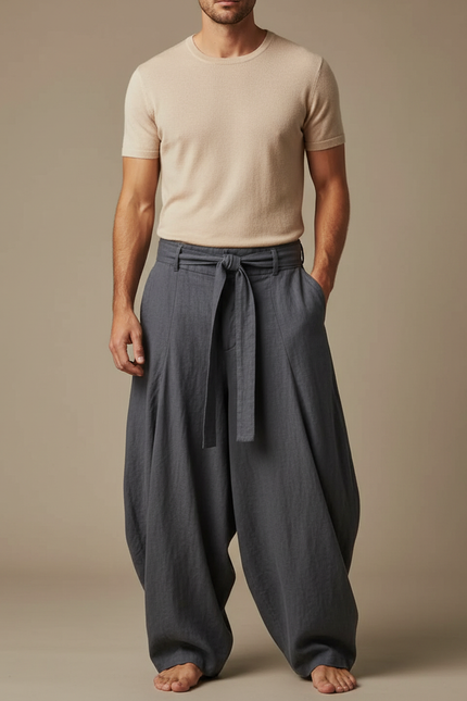 Pantalon Fluide Gris Ample Coton Lin Homme Décontracté