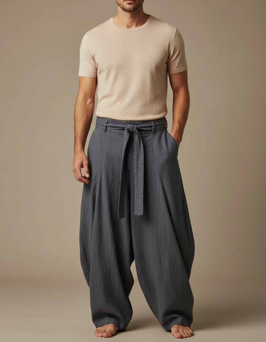 Pantalon Fluide Gris Ample Coton Lin Homme Décontracté