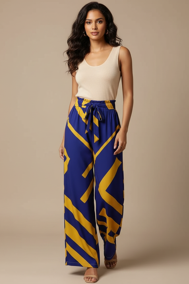 Pantalon Fluide Imprimé Géométrique Bleu Jaune Ample Décontracté - Viscose