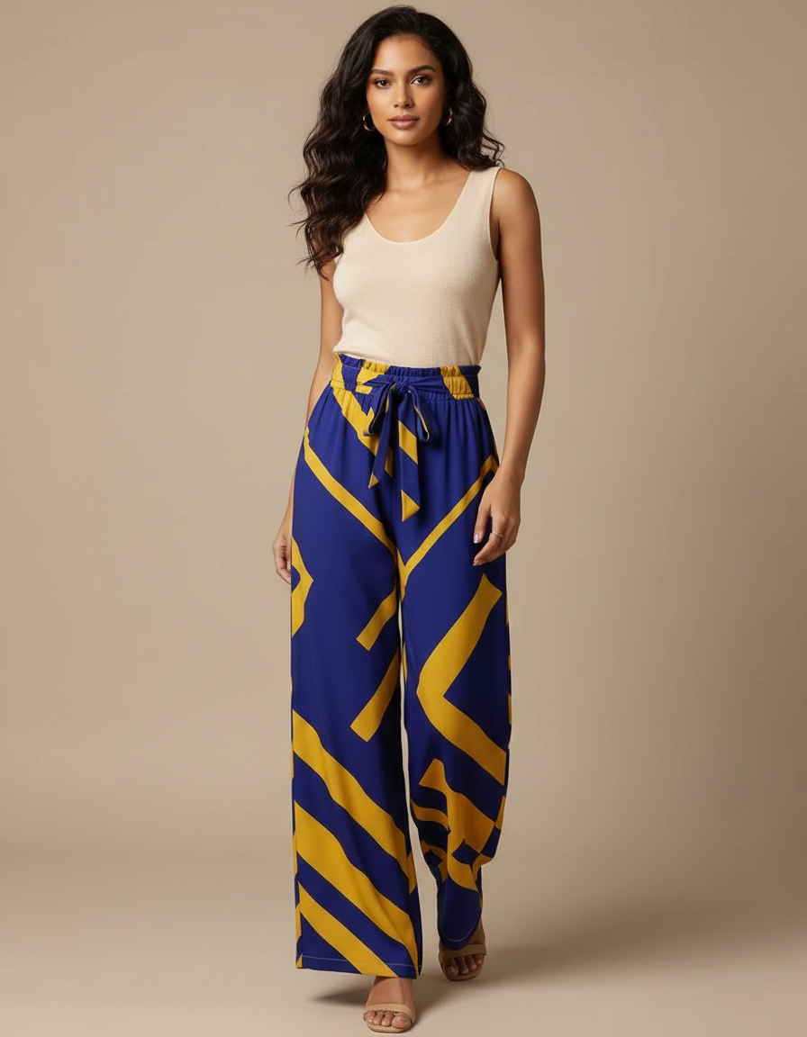 Pantalon Fluide Imprimé Géométrique Bleu Jaune Ample Décontracté - Viscose