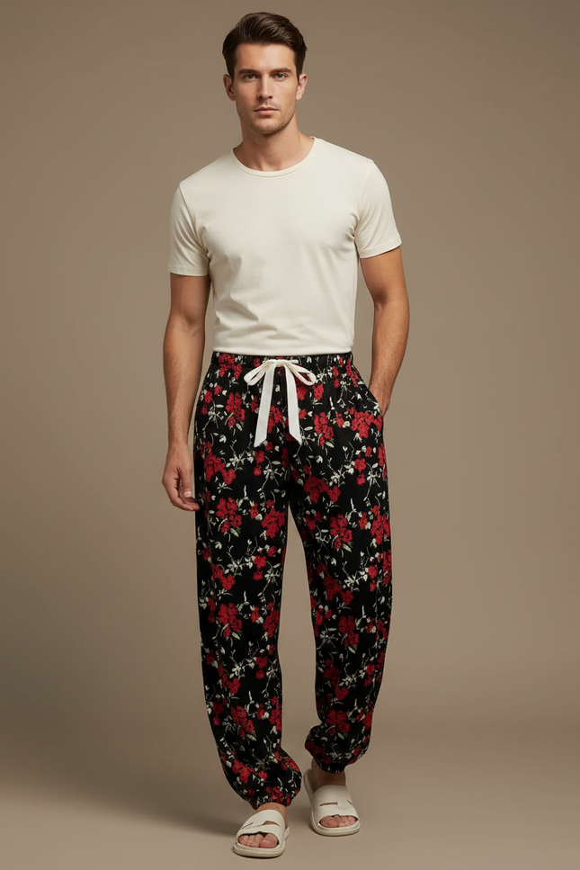 Pantalon Fluide Noir Floral Ample Viscose Homme - Imprimé