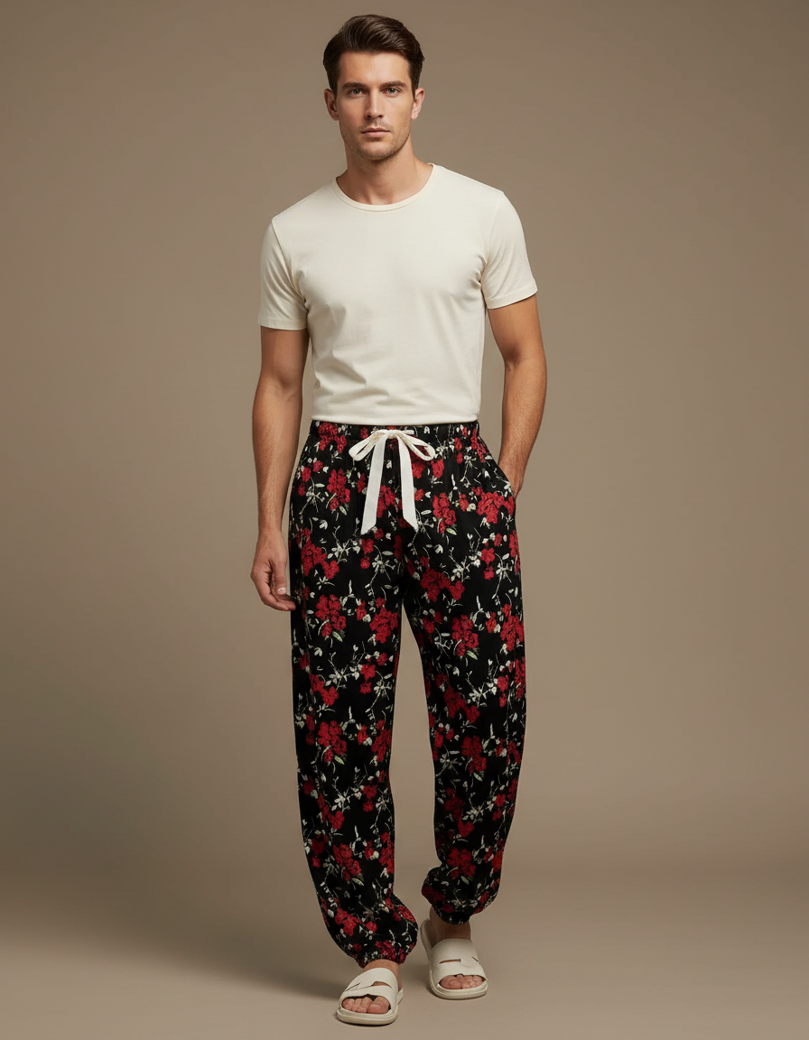 Pantalon Fluide Noir Floral Ample Viscose Homme - Imprimé