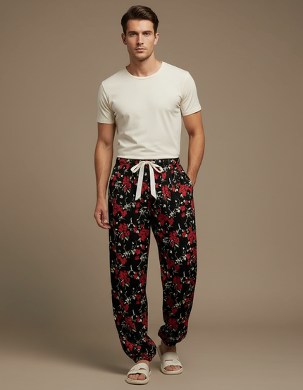Pantalon Fluide Noir Floral Ample Viscose Homme - Imprimé