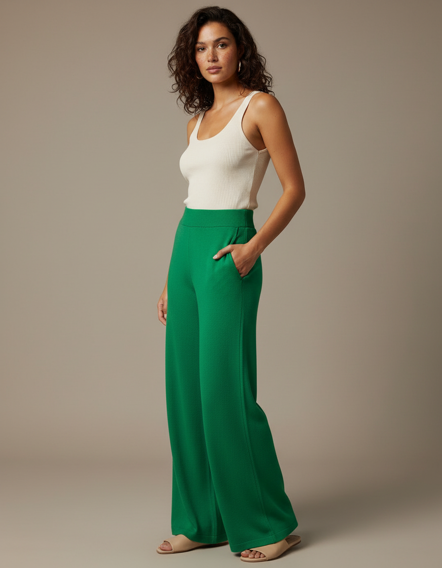 Pantalon Fluide Vert Ample Maille Confortable Femme
