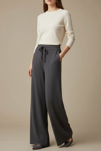 Pantalon Fluide Gris Ample Cordon Décontracté Femme - Maille