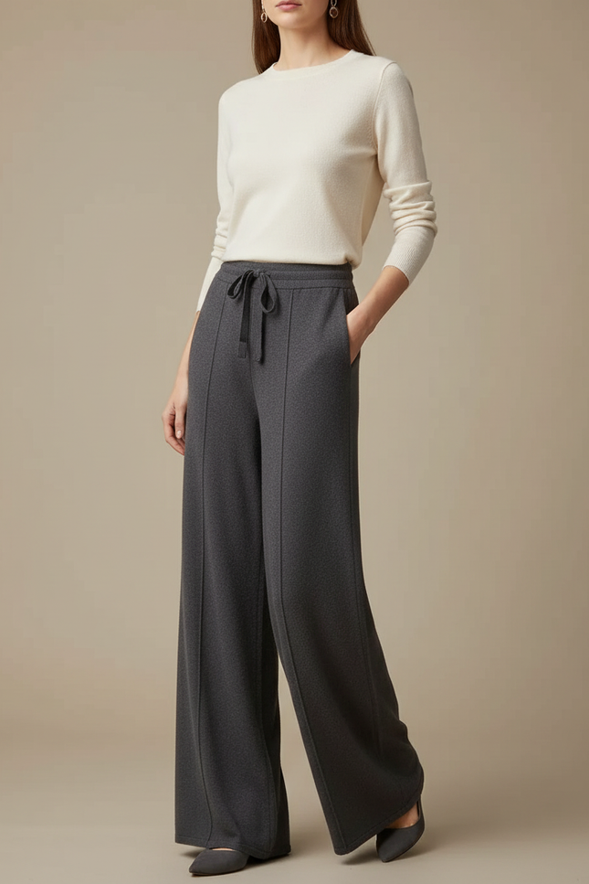 Pantalon Fluide Gris Ample Cordon Décontracté Femme - Maille