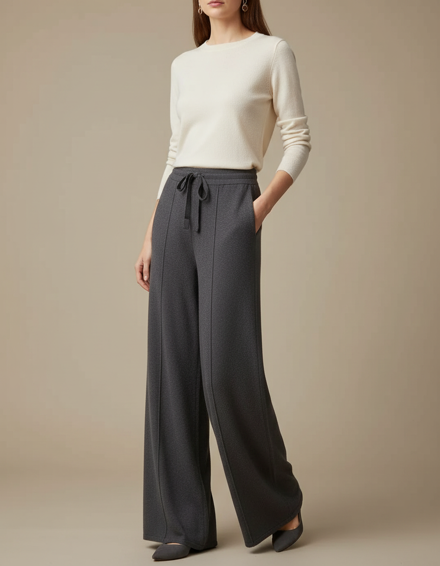 Pantalon Fluide Gris Ample Cordon Décontracté Femme - Maille