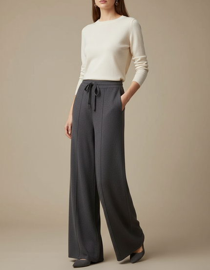 Pantalon Fluide Gris Ample Cordon Décontracté Femme - Maille