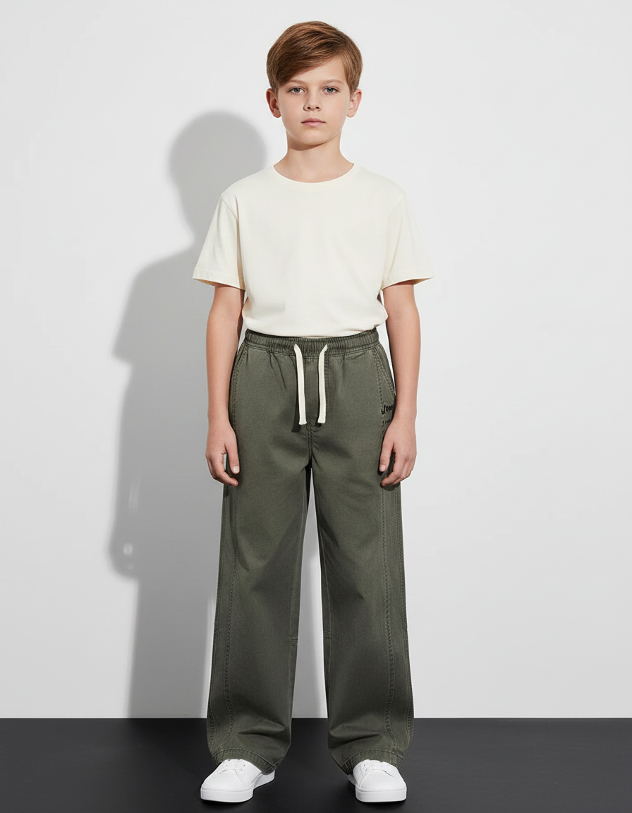 Pantalon Fluide Kaki Coton Ample Décontracté Garçon - Toile