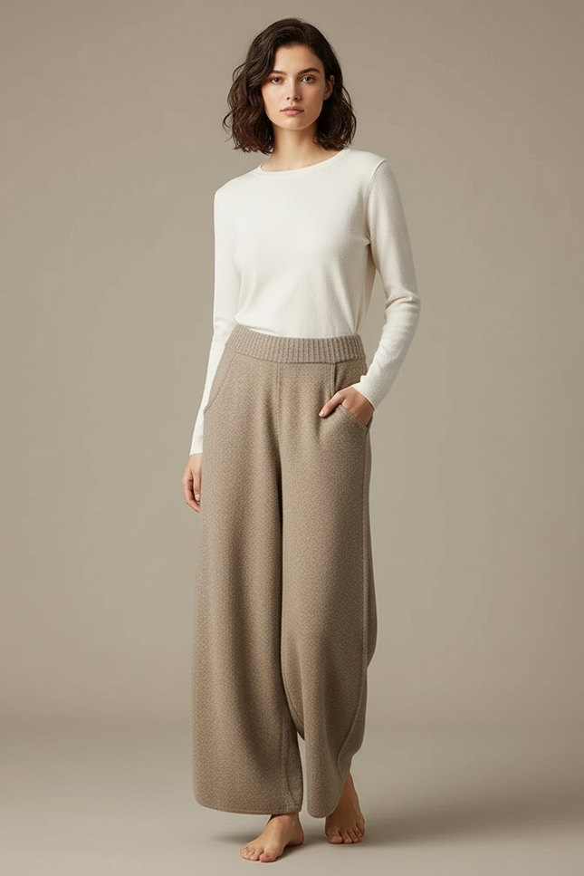 Pantalon Fluide Laine Tricoté Ample Beige Confortable Hiver