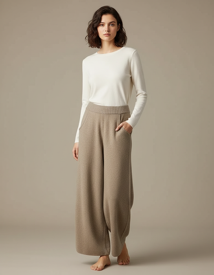 Pantalon Fluide Laine Tricoté Ample Beige Confortable Hiver