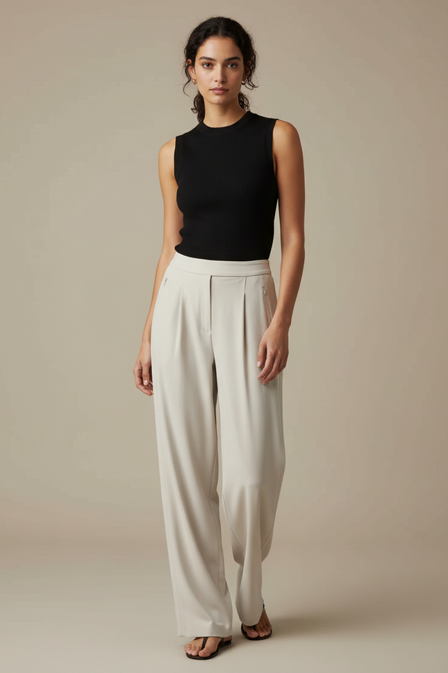 Pantalon Fluide Écru Ample Plissé Élégant Décontracté - Beige Polyester