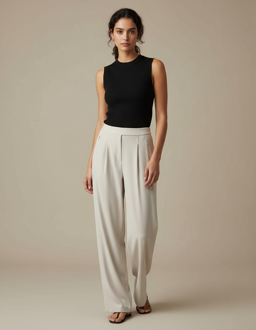 Pantalon Fluide Écru Ample Plissé Élégant Décontracté - Beige Polyester