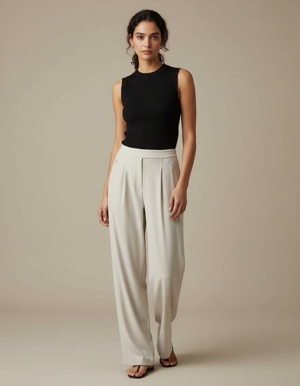 Pantalon Fluide Écru Ample Plissé Élégant Décontracté - Beige Polyester
