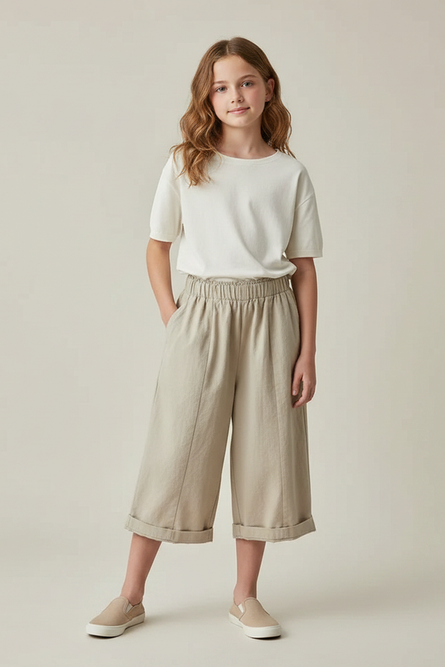 Pantalon Fluide Fille Beige Coupe Ample Lin