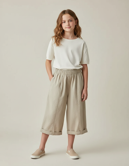 Pantalon Fluide Fille Beige Coupe Ample Lin