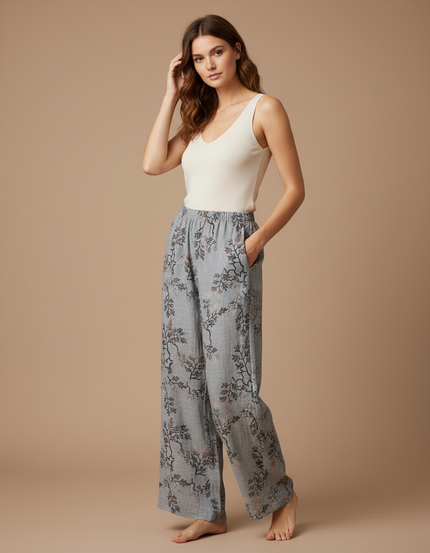 Pantalon Fluide Gris Ample Imprimé Floral Confortable Femme - Viscose
