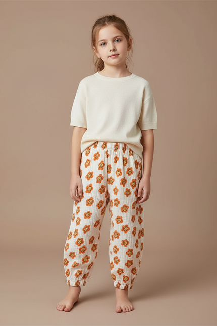 Pantalon Fluide Écru Muslin Imprimé Fleurs Smiley Enfant - Coton