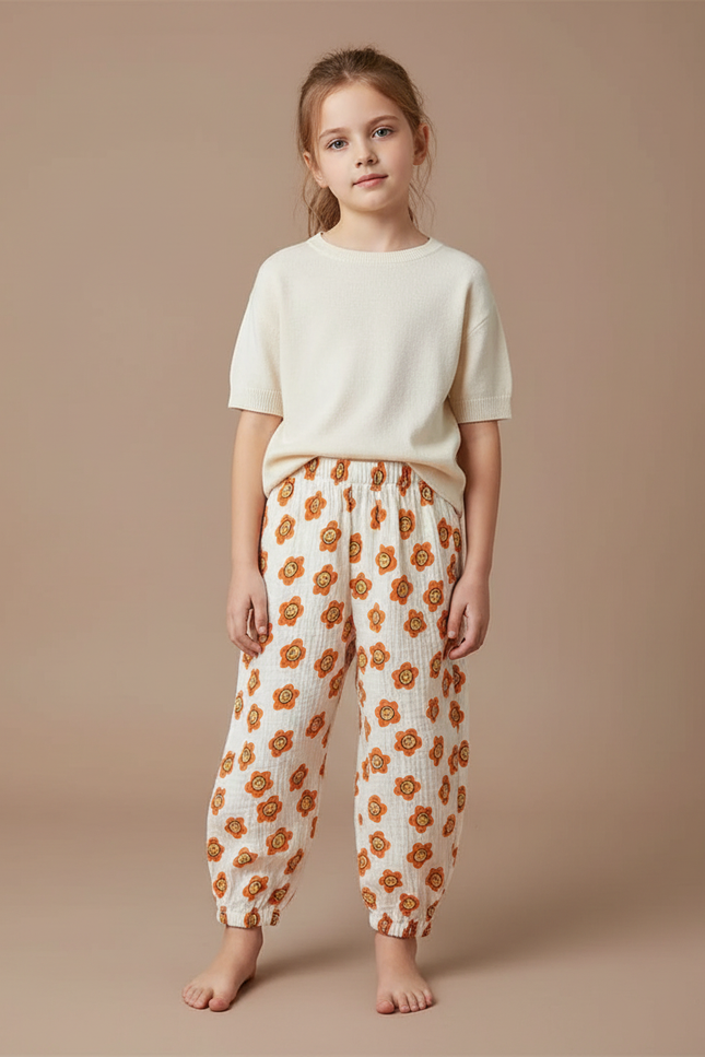 Pantalon Fluide Écru Muslin Imprimé Fleurs Smiley Enfant - Coton