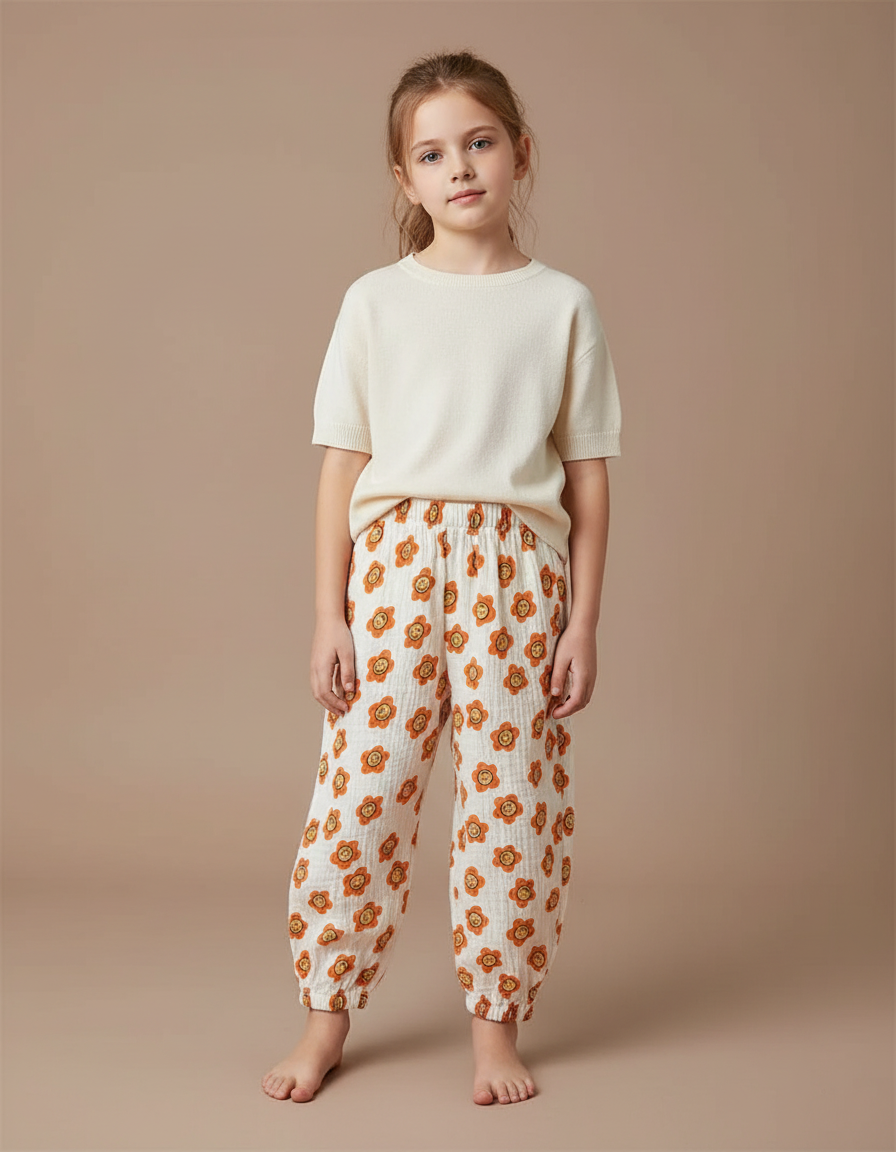 Pantalon Fluide Écru Muslin Imprimé Fleurs Smiley Enfant - Coton