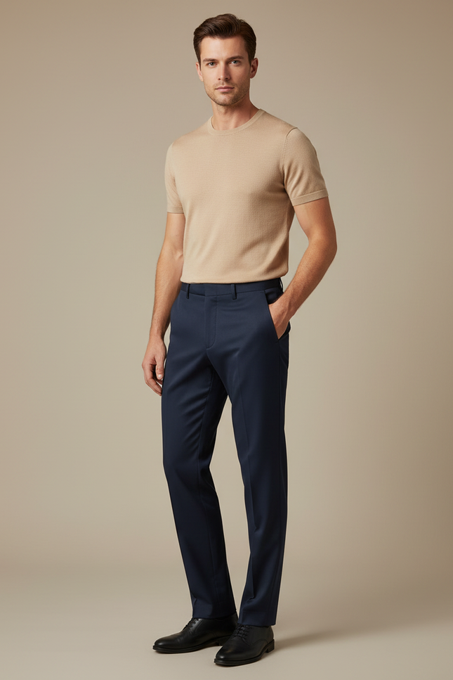 Pantalon Fluide Homme Bleu Marine Élégant Coupe Droite Extensible - Polyester