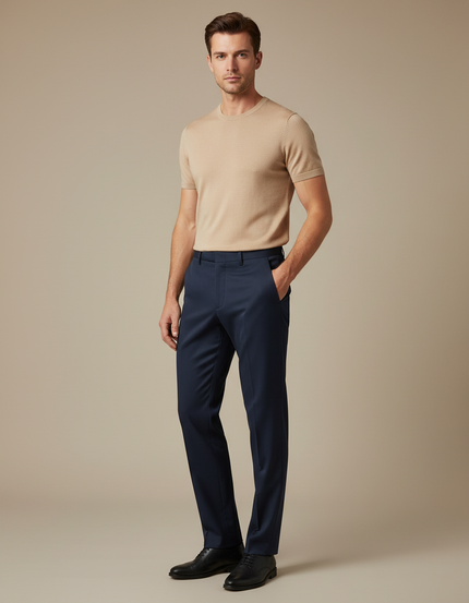 Pantalon Fluide Homme Bleu Marine Élégant Coupe Droite Extensible - Polyester