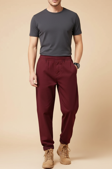 Pantalon Fluide Bordeaux Coton Ample Décontracté Homme
