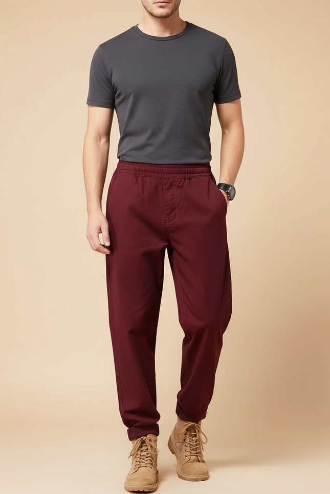 Pantalon Fluide Bordeaux Coton Ample Décontracté Homme
