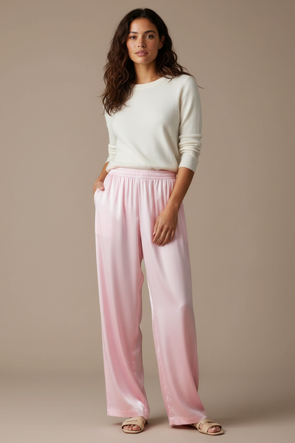 Pantalon Fluide Rose Satiné Ample Décontracté Élégant