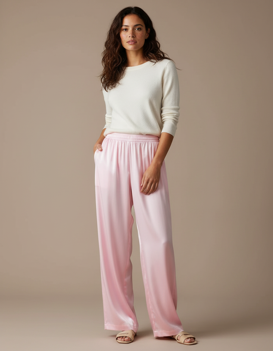 Pantalon Fluide Rose Satiné Ample Décontracté Élégant