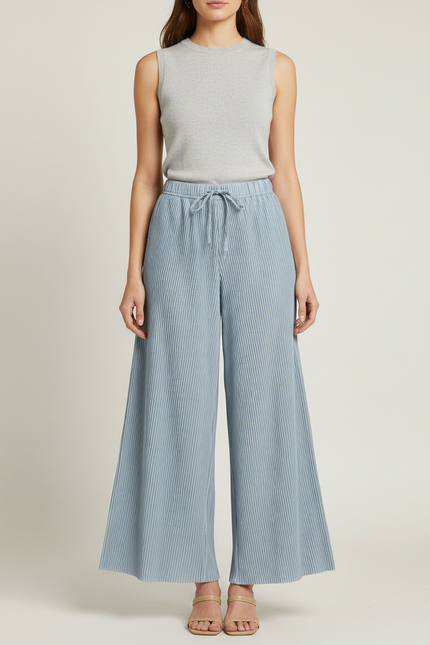 Pantalon Fluide Plissé Bleu Ciel Ample Décontracté Élégant - Polyester