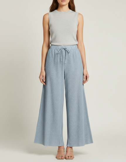 Pantalon Fluide Plissé Bleu Ciel Ample Décontracté Élégant - Polyester