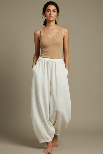 Pantalon Fluide Blanc Ample Taille Élastique Coton Lin