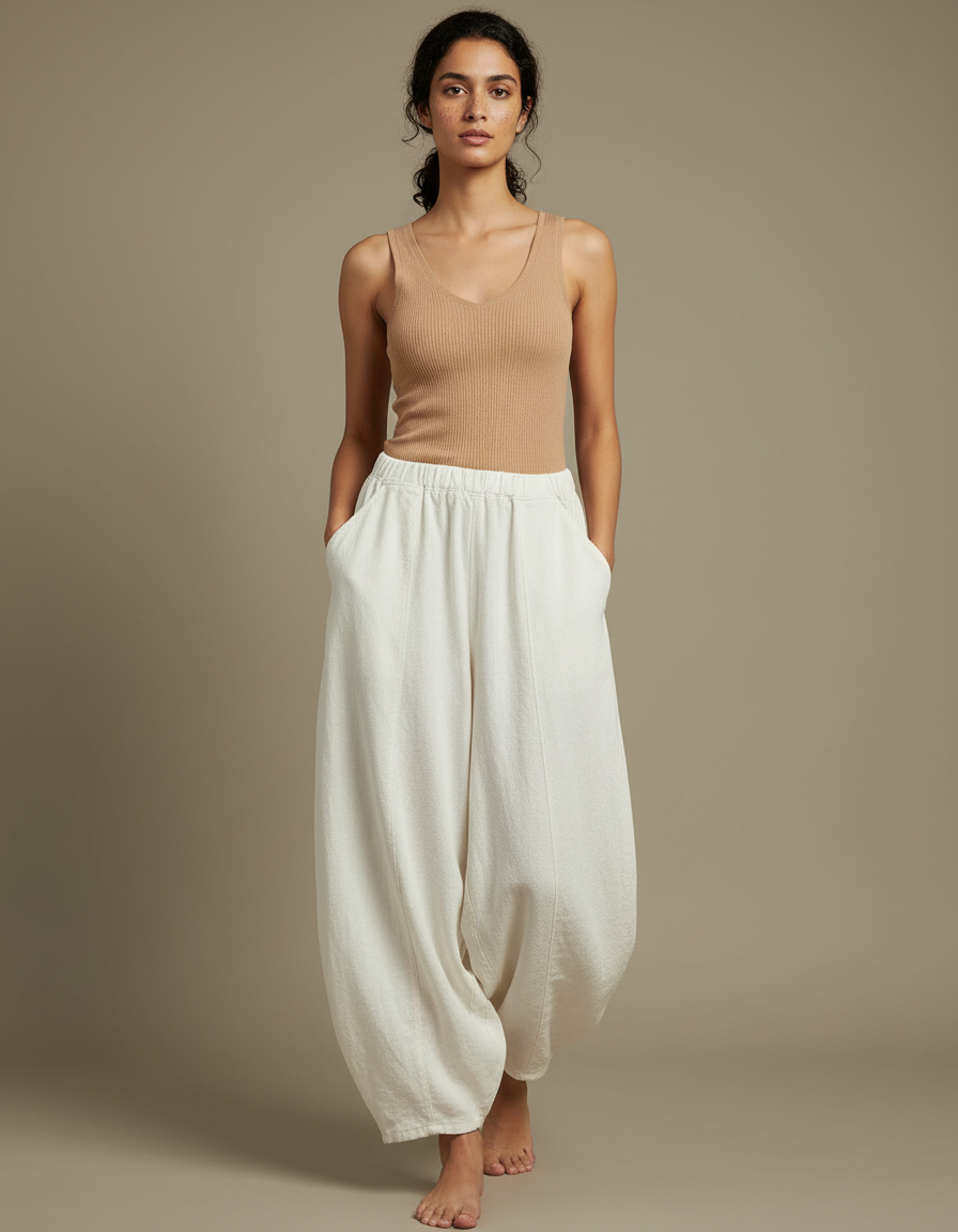 Pantalon Fluide Blanc Ample Taille Élastique Coton Lin