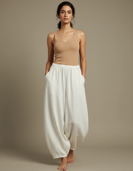 Pantalon Fluide Blanc Ample Taille Élastique Coton Lin