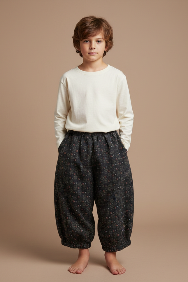 Pantalon Fluide Noir Fleuri Ample Coton Enfant - Imprimé Molleton