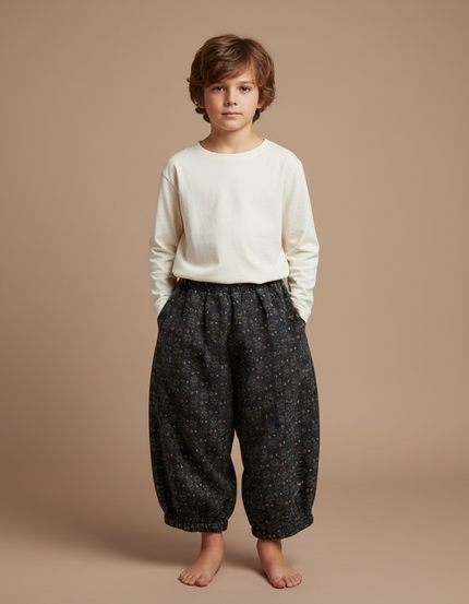 Pantalon Fluide Noir Fleuri Ample Coton Enfant - Imprimé Molleton