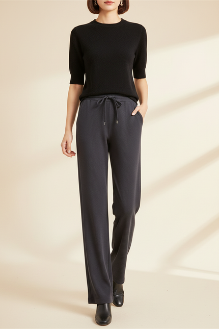 Pantalon Fluide Noir Côtelé Ample Décontracté Élastique - Gris Cordé