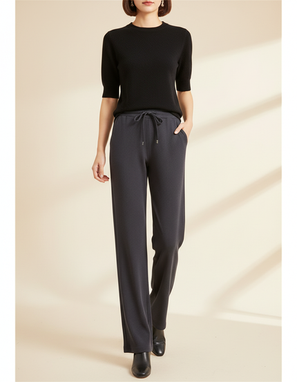 Pantalon Fluide Noir Côtelé Ample Décontracté Élastique - Gris Cordé