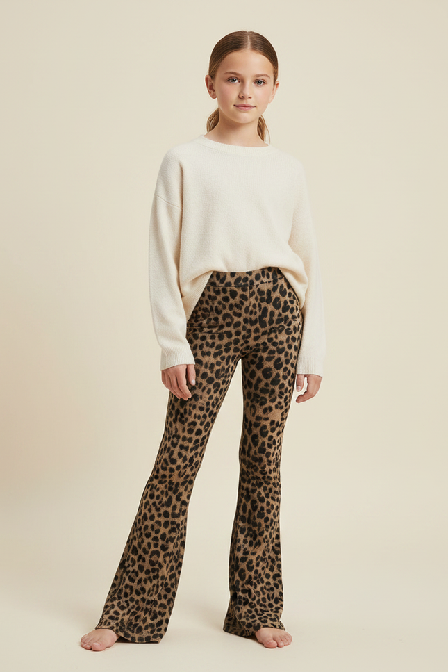 Pantalon Fluide Léopard Marron Évasé Confortable - Imprimé Maille