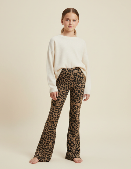 Pantalon Fluide Léopard Marron Évasé Confortable - Imprimé Maille