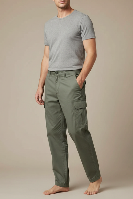 Pantalon Fluide Cargo Vert Ample Décontracté Coton