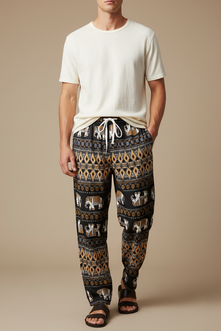 Pantalon Fluide Noir Ample Éléphant Thaïlandais Hippie Homme - Viscose