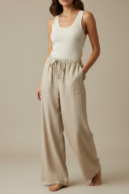 Pantalon Fluide Beige Lin Ample Cordon Confortable