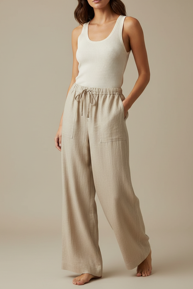Pantalon Fluide Beige Lin Ample Cordon Confortable