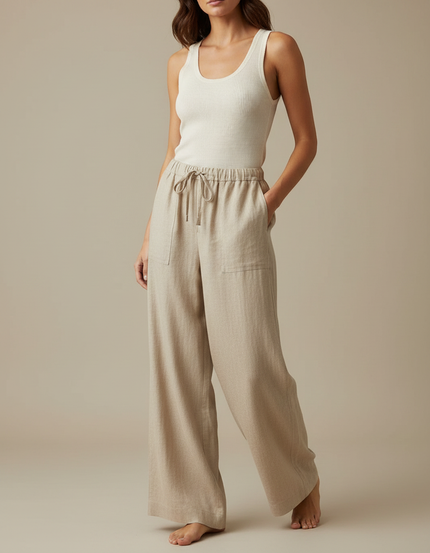 Pantalon Fluide Beige Lin Ample Cordon Confortable