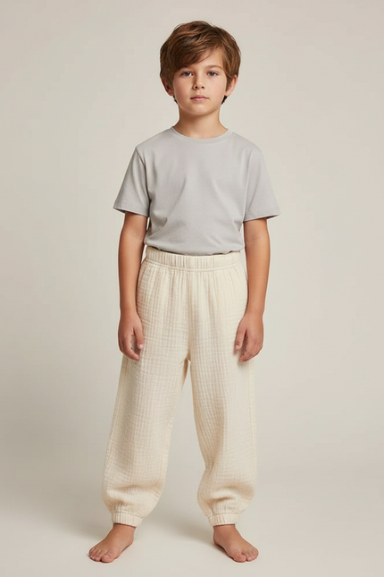 Pantalon Fluide Écru Coton Ample Décontracté Enfant - Beige