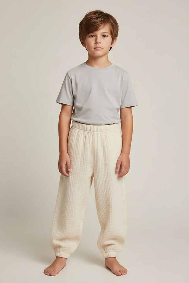 Pantalon Fluide Écru Coton Ample Décontracté Enfant - Beige