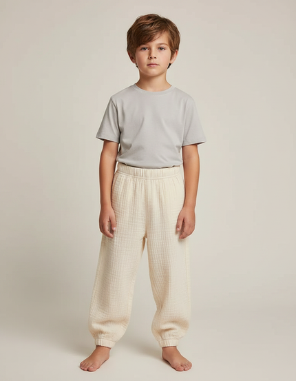 Pantalon Fluide Écru Coton Ample Décontracté Enfant - Beige
